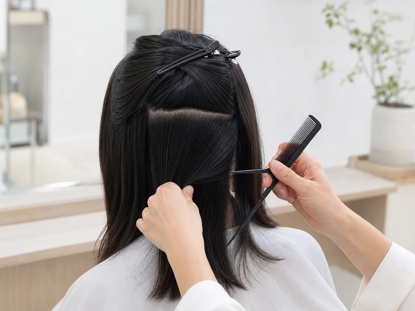 顔を写さず、毛流れを確認しながら髪を分け取る美容師の手元