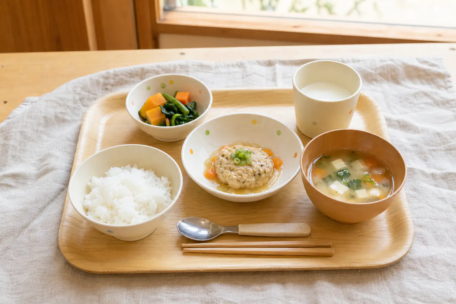 白ごはん、鶏と豆腐のつくね、季節野菜、みそ汁、牛乳が木のトレーに並ぶ給食