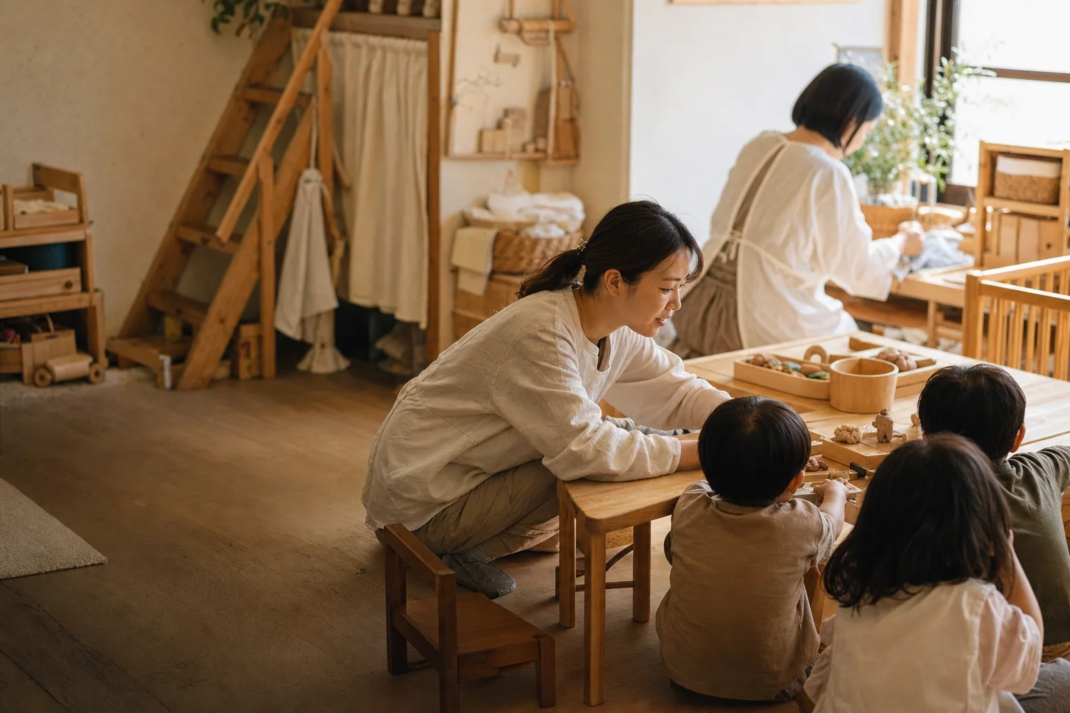 木の保育室で、複数の保育士が子どもたちの活動を見守っている様子