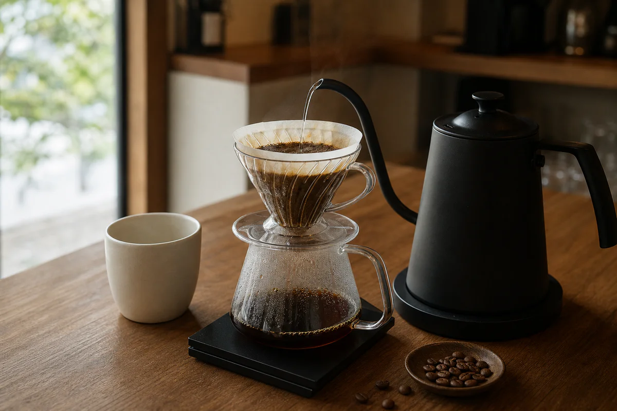 木のカウンターに整えられたハンドドリップの器具と一杯分の豆
