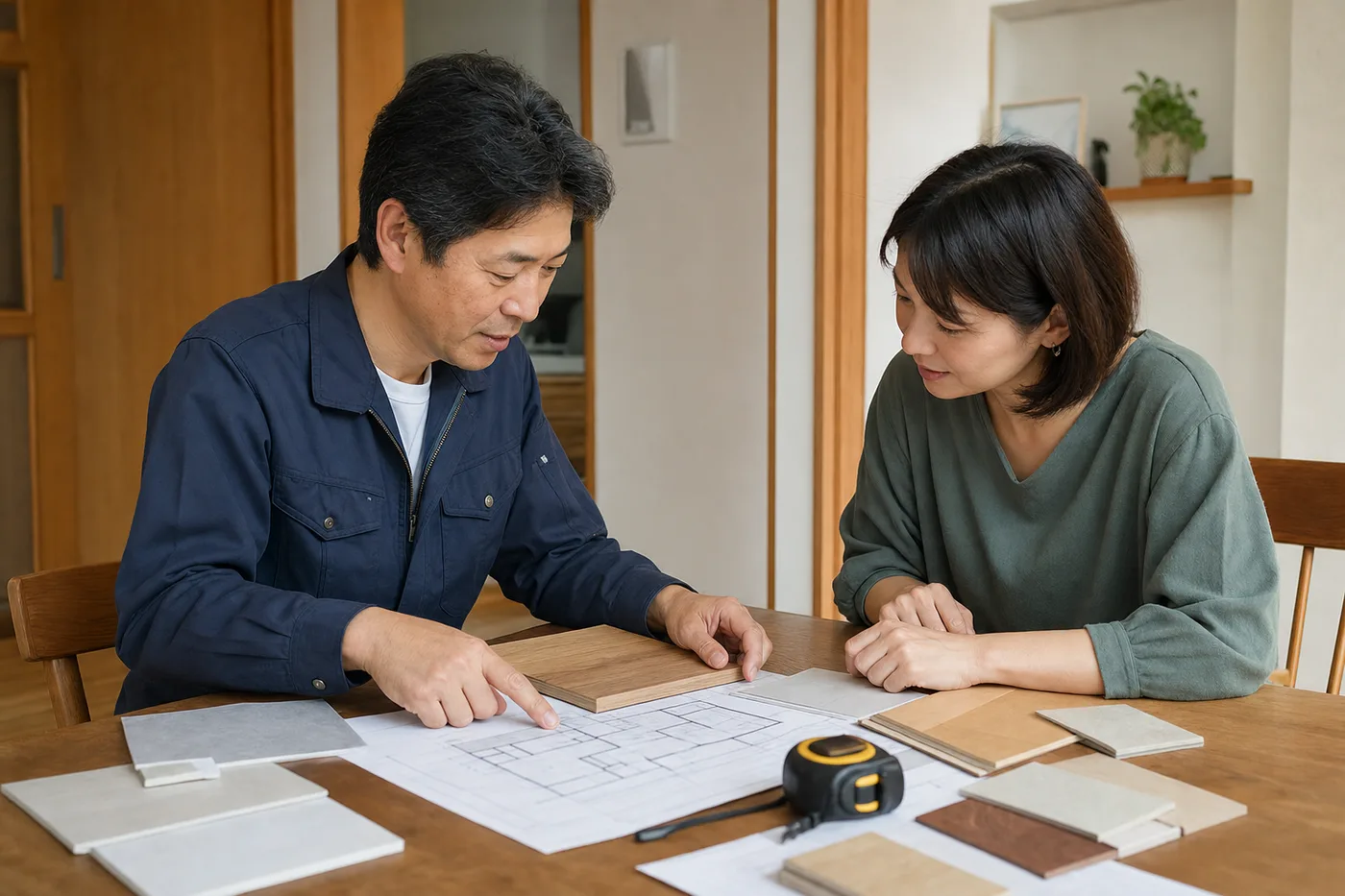 職人と施主が図面と素材を見ながら相談する様子