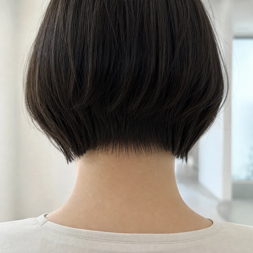 後ろから見た、襟足のカットラインが整ったショートボブ