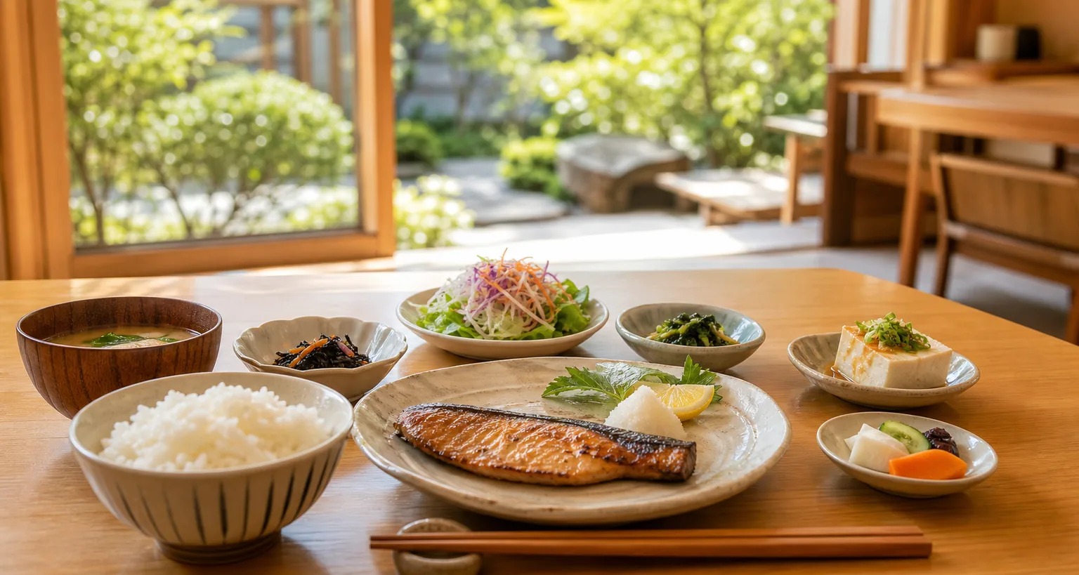 昼の光の中に並ぶ定食と明るい食堂