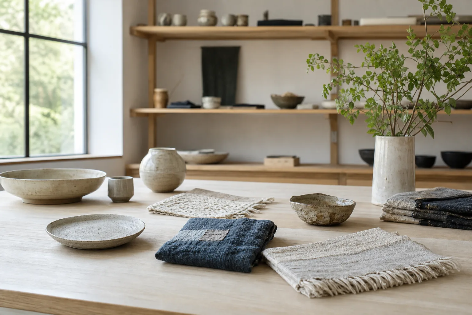 自然光が入る工房に並ぶ手仕事の作品